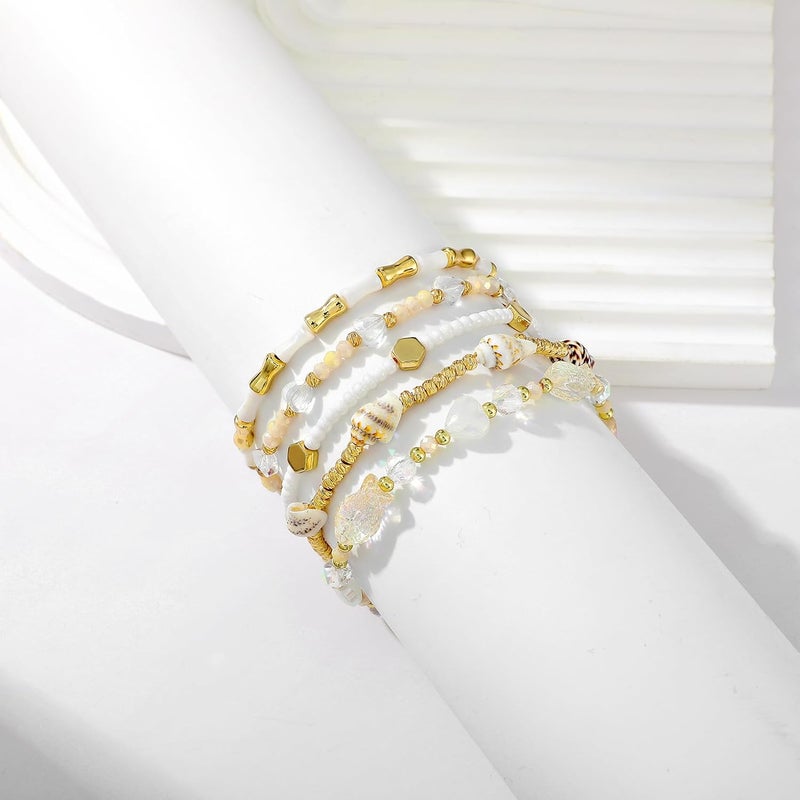 Pymach Store Dainty Gold Plated Pearl Crystal Beaded Bracelets Set for Women 14K Gold Plated Bead Pearl Beads Bracelet Stackable Paperclip Link Chain Bracelets Gold Plated Bracelets for Women Trendy Jewelry - Image 4